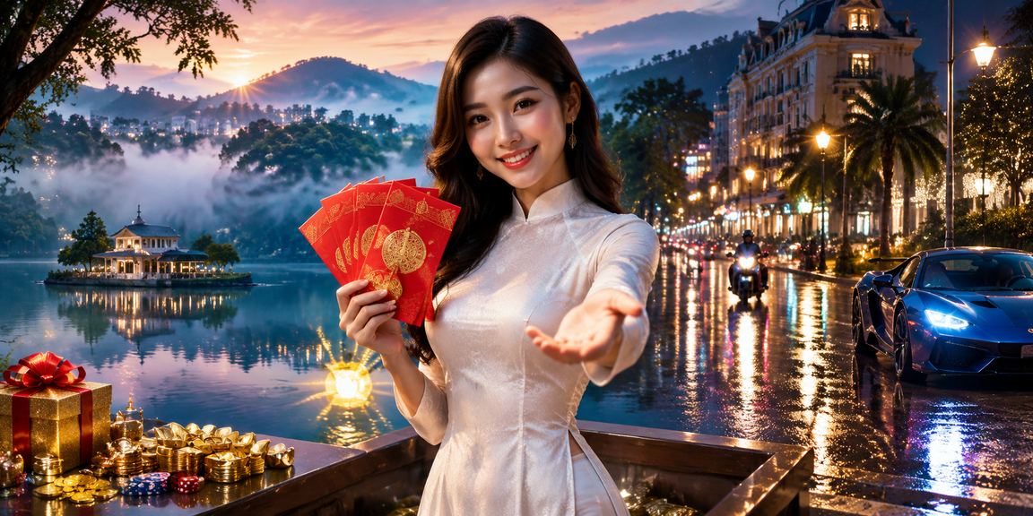 Phụ nữ mặc áo dài tại Đà Lạt cầm phong bì đỏ nhận thưởng casino online theo phong tục Việt Nam