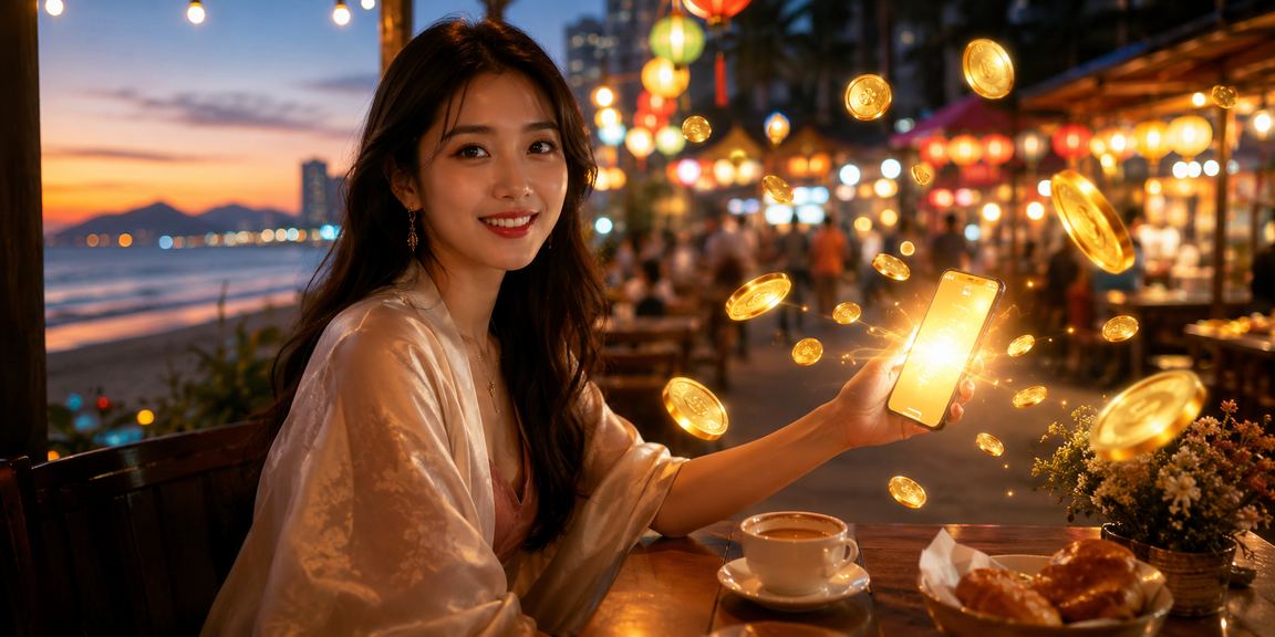 Người dùng tại Đà Nẵng kiểm tra hoàn tiền cashback qua điện thoại bên tách cà phê buổi sáng