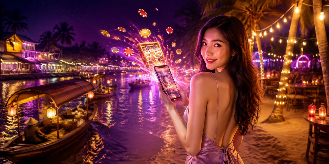 Người chơi tại vùng Mekong trải nghiệm slot game neon rực rỡ trên điện thoại di động ban đêm